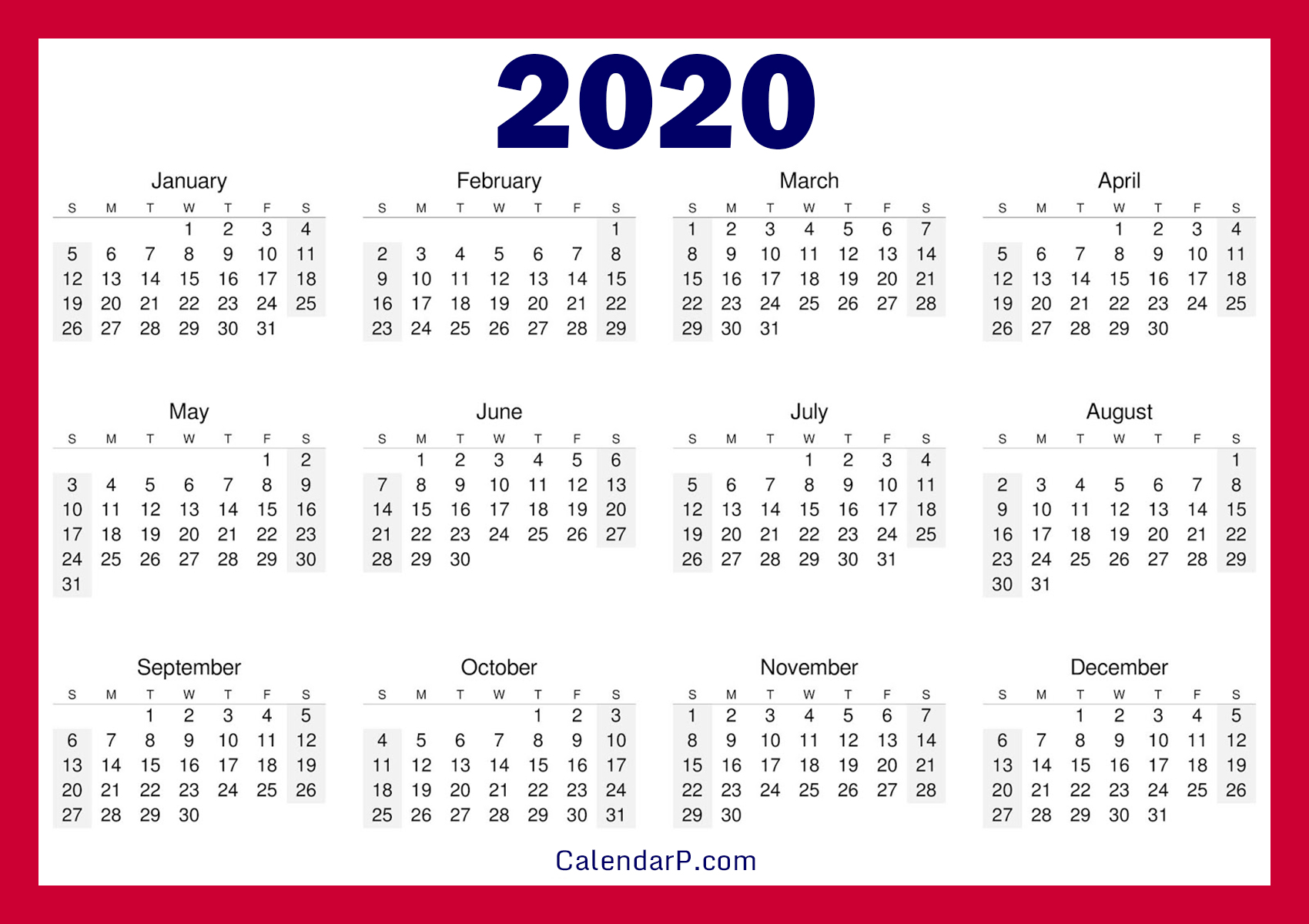Printable Free 2020 Calendar Horizontal Red Calendarp Printable
