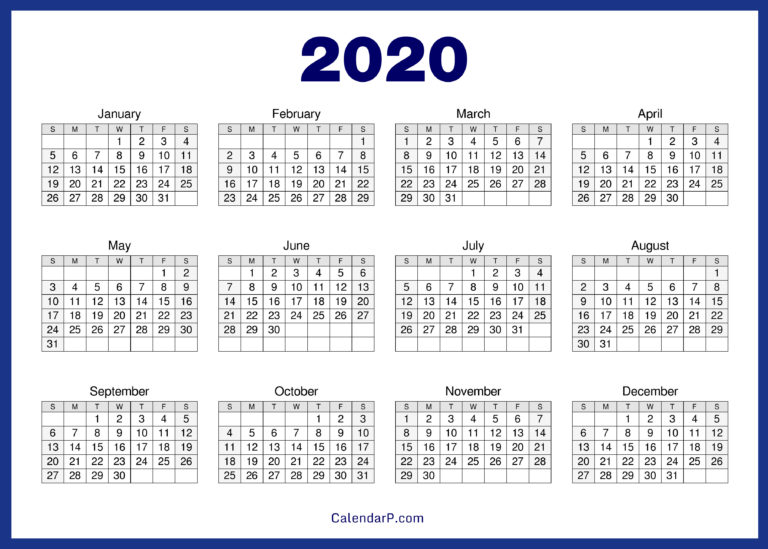 2020 Calendar Printable Free, HD – Navy Blue – CalendarP | Printables