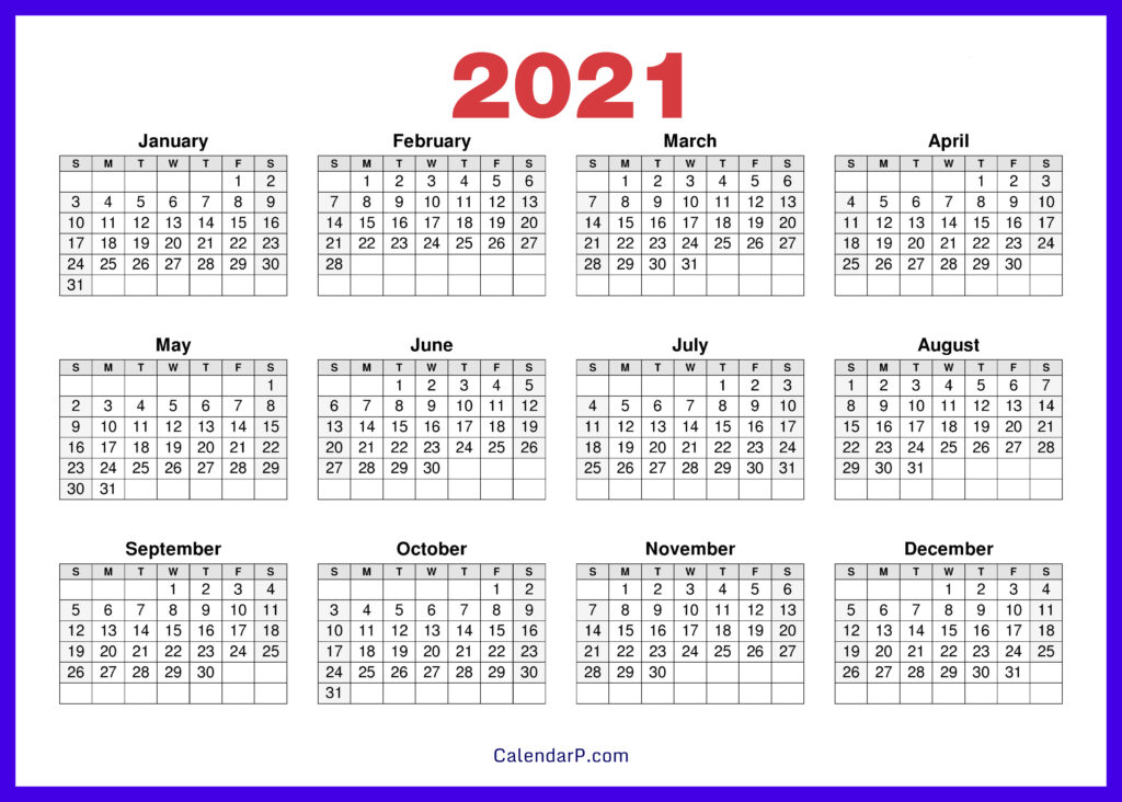 2021 Calendar Printable Free, HD – Electric Blue – CalendarP | Printables