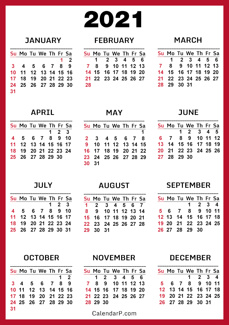 2021 Calendar, Printable Free, Red – Sunday Start – CalendarP | Printables