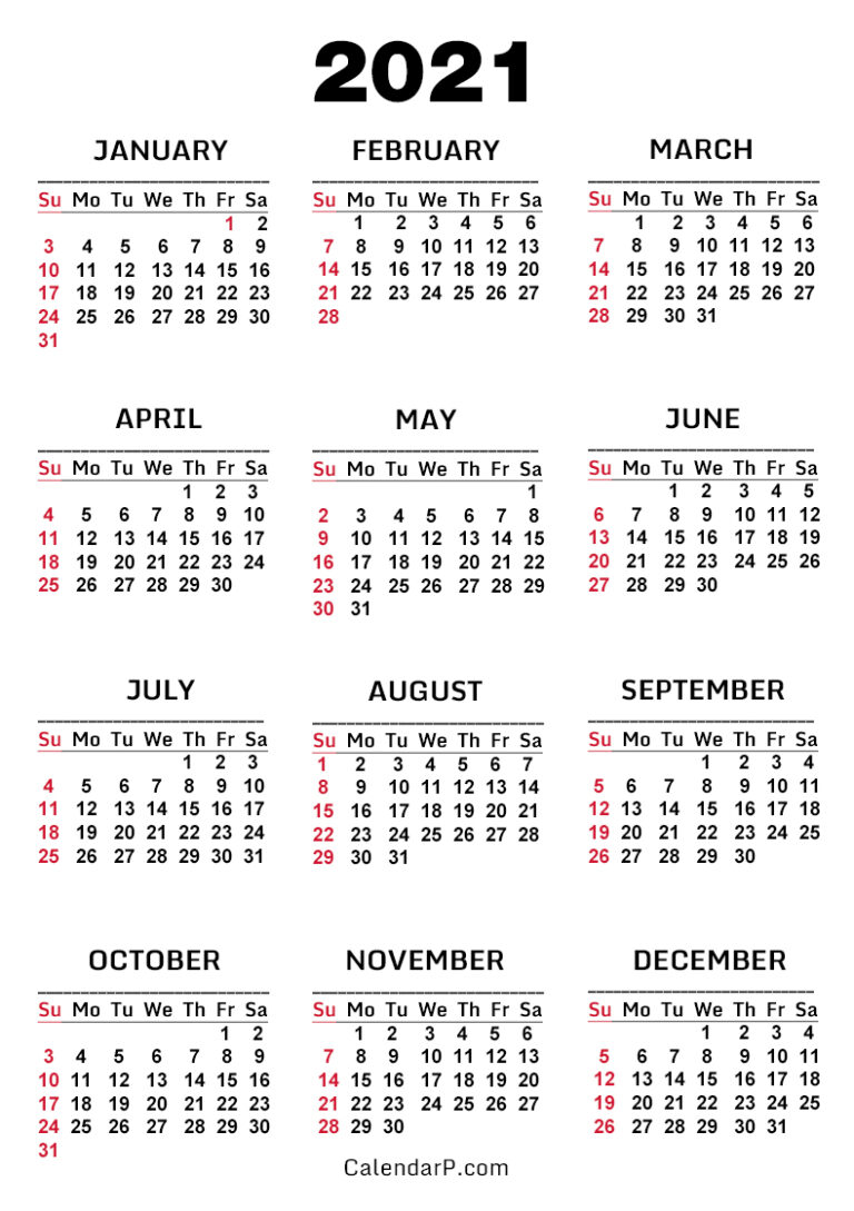 2021 Calendar, Printable Free, White – Sunday Start – CalendarP ...
